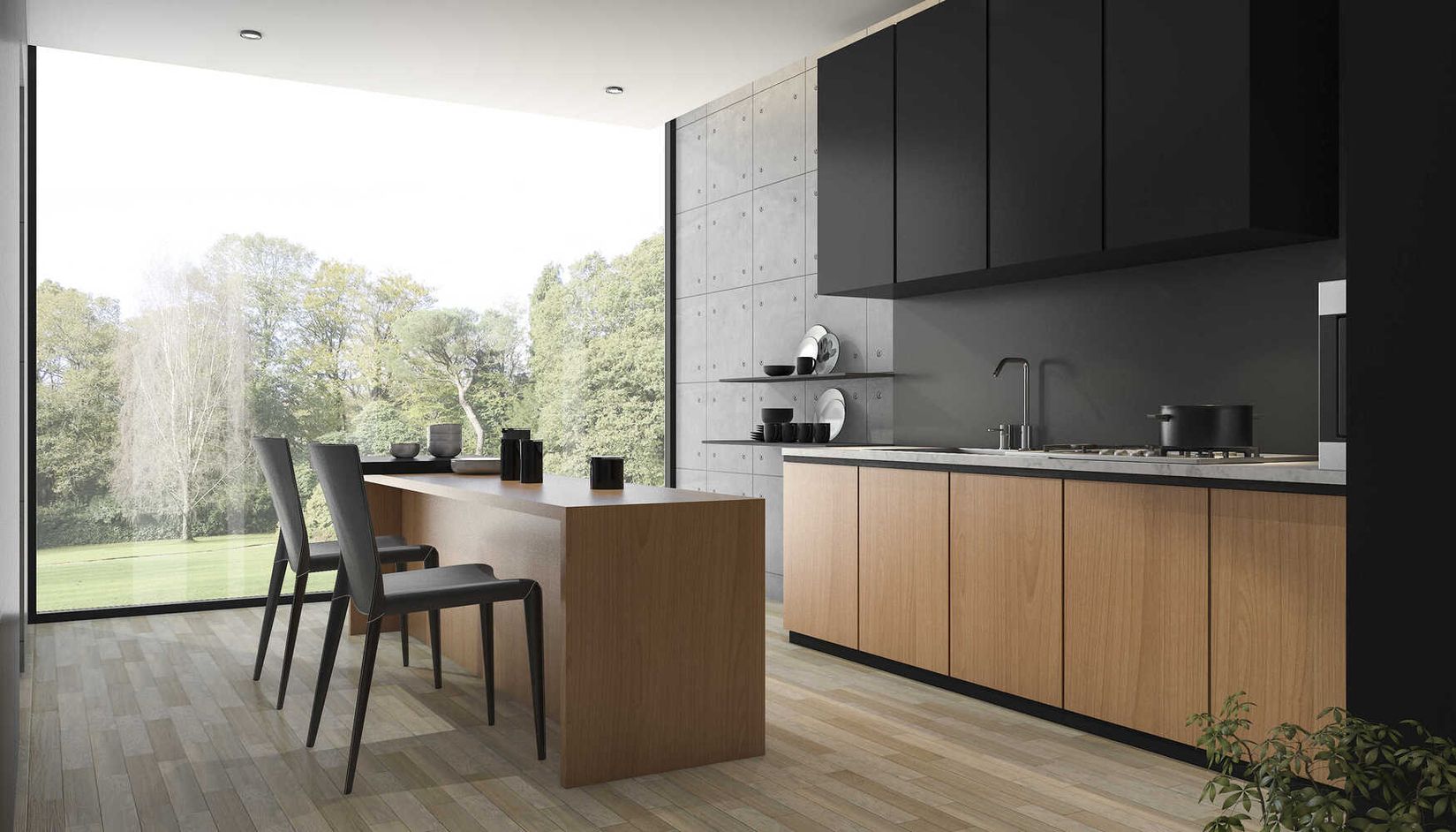 Minimalistisches Küchendesign mit Schwarz-Holz-Kombination